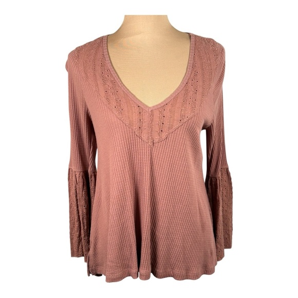 Free People Parisian Nights Pink Rose Bell Sleeve Ribbed V-Neck Shirt Size XS - Picture 2 of 9
